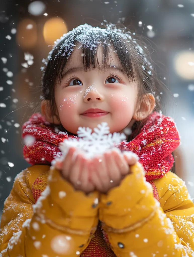 A young girl with dark hair and big brown eyes is wearing a yellow jacket and red scarf. Her face is covered in snowflakes as she looks up and holds a snowflake in her cupped hands. The photo is taken in a snowy outdoor setting.  The child's innocent expression and the falling snowflakes create a sense of wonder and joy.