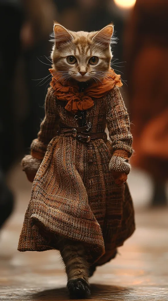 A cat in a brown knitted dress with a matching knitted scarf and gloves is walking down a runway. The cat has a serious expression on its face and its tail is tucked under its dress.  It is wearing a brown leather belt and has a  orange ruffle collar. The cat is walking towards the camera on a brown wooden floor. The background is out of focus and is filled with blurred figures and warm lighting. The scene is likely a fashion show.