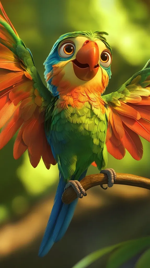 A brightly colored parrot with blue, green, and orange feathers perches on a branch.  It's wings are spread wide, and it's eyes are wide open, looking directly at the viewer with a look of excitement.  The parrot is surrounded by lush green foliage.  It's a beautiful and vibrant image.