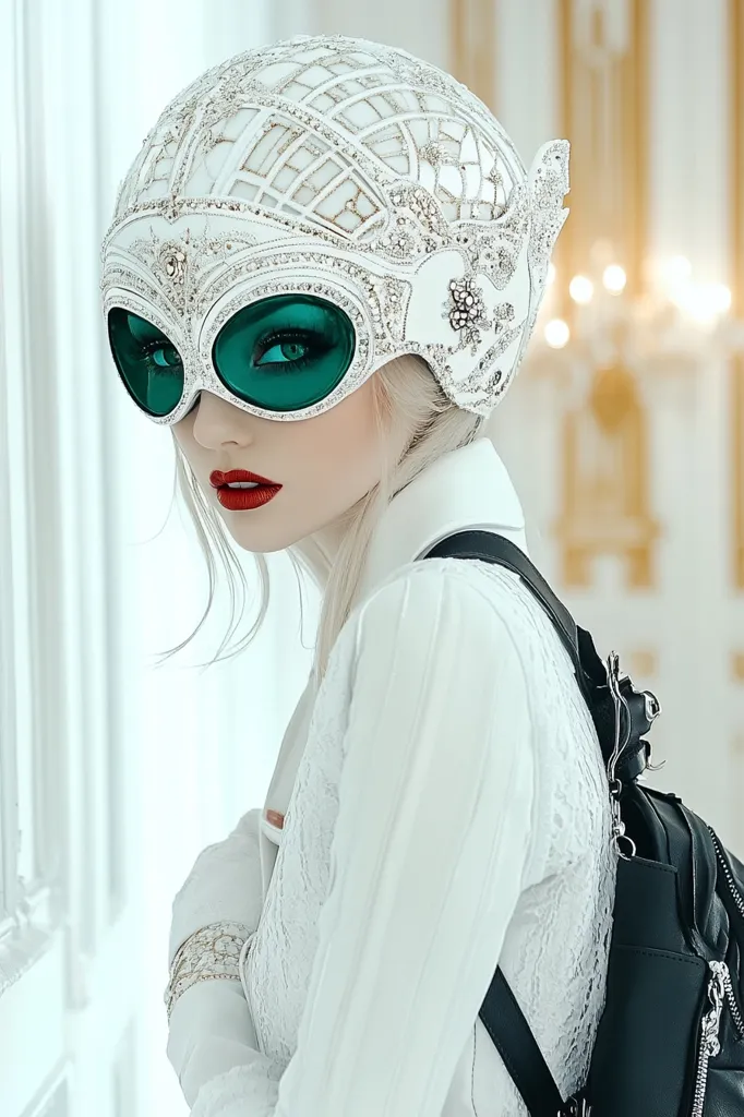 A woman with white-blonde hair wears a white, jeweled helmet with a pair of large, round, green-tinted goggles over her eyes.  She is dressed in a white lace blouse with a black backpack strapped over her shoulder. The background is a blur of white and gold. She has a serious expression and her red lips are slightly parted. The image has a futuristic and whimsical feel.