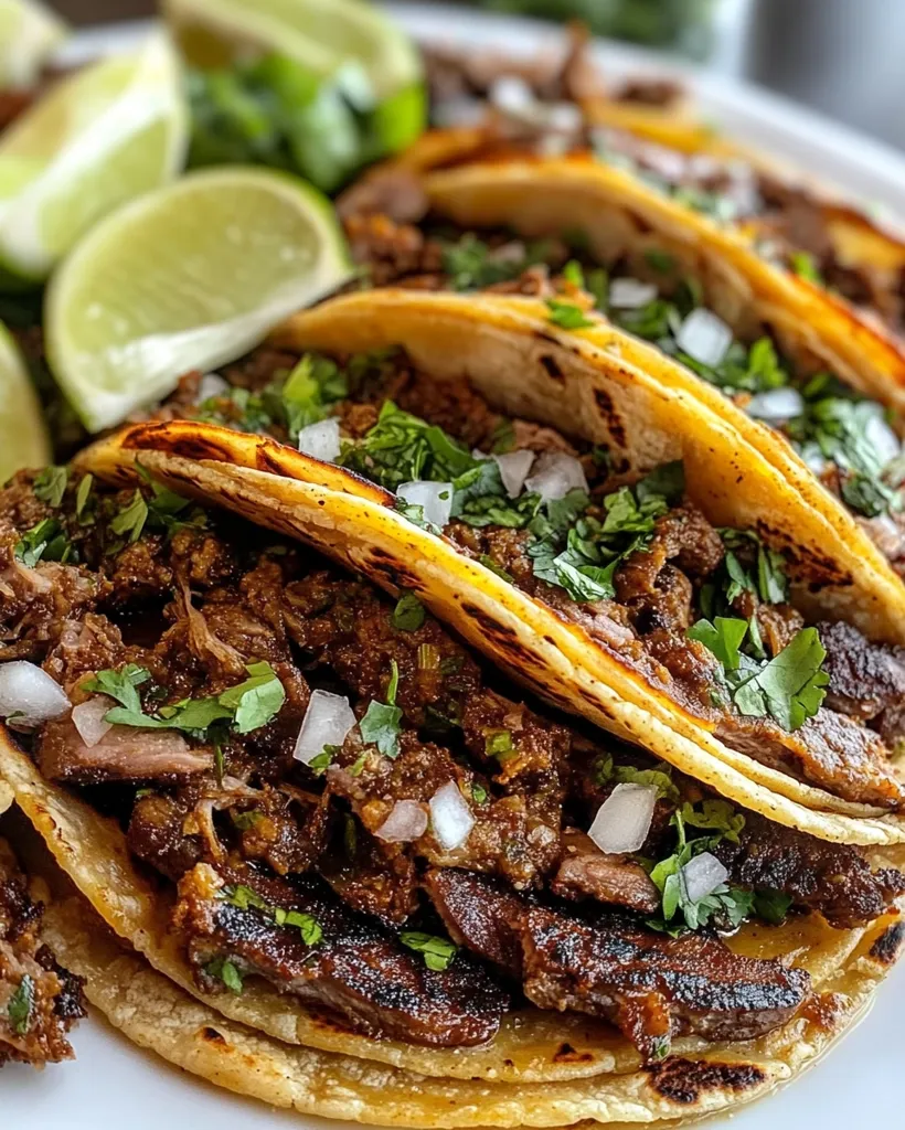 A close-up shot of a plate of tacos. The tacos are filled with shredded meat, cilantro, and onions. The meat is cooked to a crispy brown. The tacos are nestled between slices of lime. The photo is well-lit and captures the vibrant colors of the food. The plate is white and provides a clean background for the tacos.