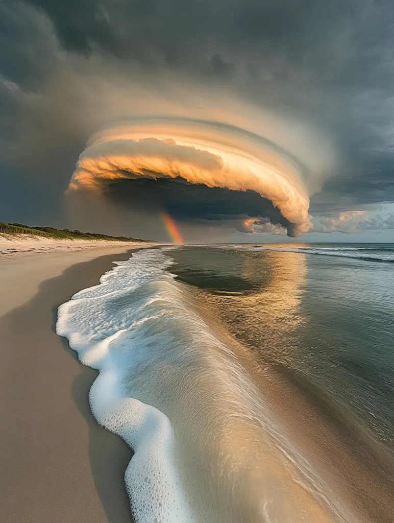 A dramatic storm cloud, resembling a giant mushroom, dominates the sky above a sandy beach. The sun shines through the cloud, casting a warm golden light on the rippling water and creating a rainbow below.  The white foamy crest of a wave washes onto the shore, highlighting the contrast between the powerful storm and the peaceful beach.