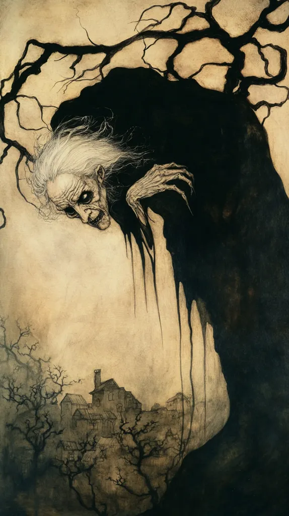 A skeletal-looking woman with long white hair, dressed in a tattered black cloak, hangs from a dark tree branch. Her sharp features are highlighted by the pale background, and her long fingers reach out towards the viewer. The image creates a sense of eerie isolation and foreboding, with a small village barely visible in the distance. The woman's menacing expression and haunting presence suggest a sinister tale.