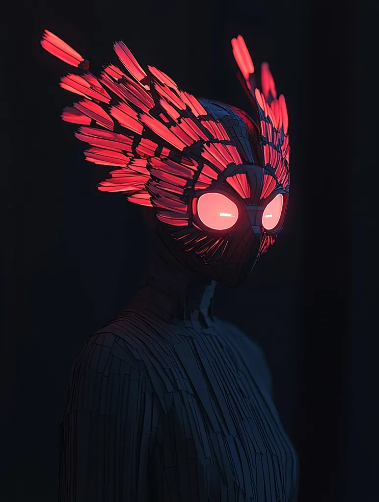 The image shows a person wearing a futuristic mask with glowing red eyes. The mask is adorned with a large, intricate design of red feathers, resembling wings. The person is clad in a dark, textured garment that blends with the shadows. The overall effect is one of mystery and otherworldly allure.  The dark background and red accents create a striking visual contrast.  The image evokes a sense of sci-fi fantasy and futuristic design.