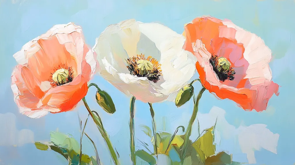 The painting depicts three poppies against a light blue sky. The poppies are painted in a loose, impressionistic style, with thick brushstrokes. The colors are vibrant, with the flowers ranging from white to a deep orange. The painting evokes a sense of summer and beauty.