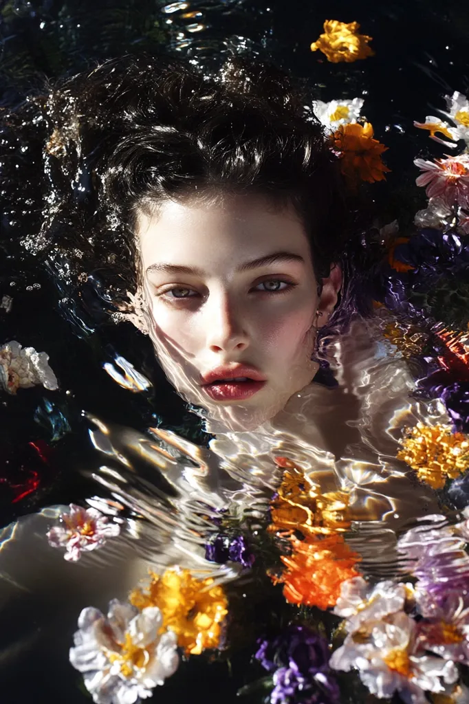 A woman with long dark hair lies submerged in a pool of water, her face illuminated by the sunlight. Her eyes are open and she looks up at the camera, her expression is serene.  The water is filled with colorful flowers, creating a beautiful and ethereal scene.  The image is a study in contrast, the dark water and hair juxtaposed with the bright colors of the flowers. It evokes a sense of peace and tranquility.