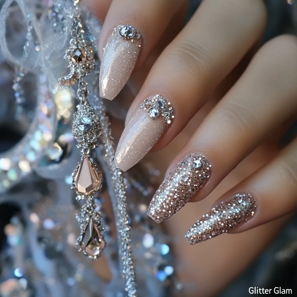 A hand with long, almond-shaped nails adorned with silver glitter and rhinestones. The nails are a light pink color, and the rhinestones are arranged in a cluster at the base of each nail. The hand is resting on a silver and white background, with a strand of sparkling beads hanging from the hand. The image is titled "Glitter Glam".