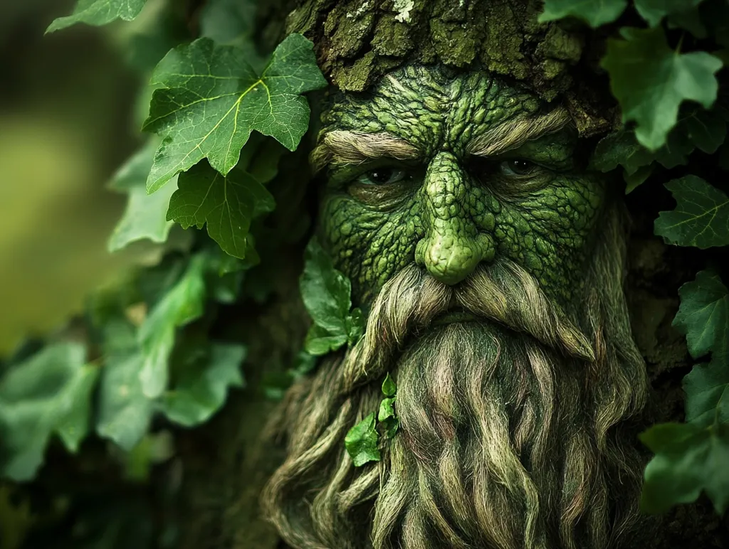 The image depicts a close-up of a man's face, heavily made up to resemble bark and foliage, and surrounded by thick, green ivy. The man appears to be looking out at the viewer with a serious expression, his green eyes intense and his beard long and tangled. The image evokes a sense of nature and the wild, with a hint of mystery and perhaps a touch of the supernatural.