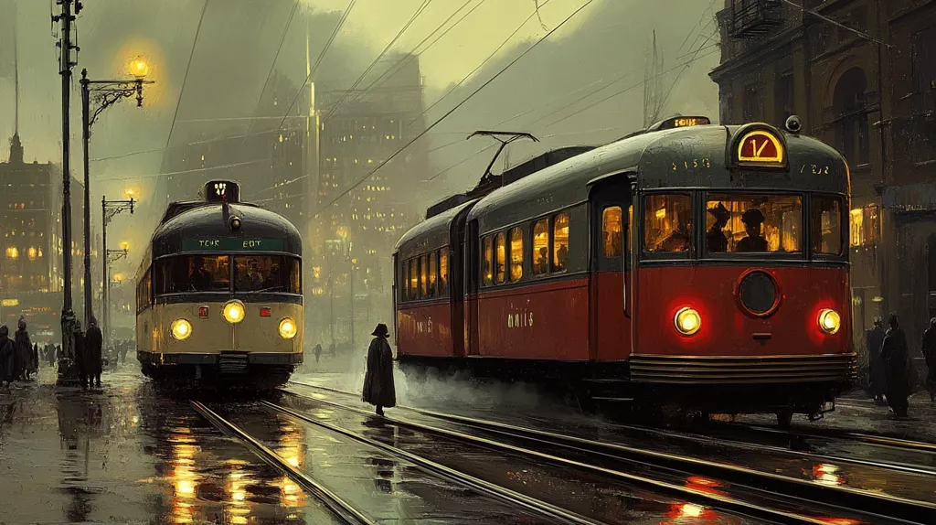 Two vintage trams, one green and one red, travel on a rainy, dimly lit street. The red tram is in the foreground, with its windows glowing from the interior lights. The green tram is in the background, partially obscured by the rain and fog. There are streetlights and a few figures walking in the distance. The scene is reminiscent of a nostalgic cityscape in the early 20th century.