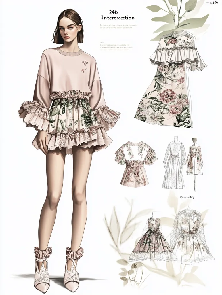 The image is a fashion illustration featuring a model wearing a pink and floral dress with frills. The model has short, dark hair and is wearing white heels. The illustration is set against a white background and features several sketches of different floral dresses with ruffles and embroidery. The overall style is whimsical and feminine.