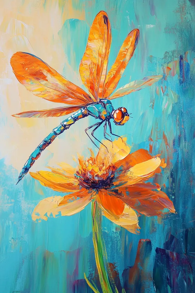 A vibrant oil painting depicts a dragonfly with orange wings perched atop a large, yellow flower with an orange center. The background is a bright turquoise blue with abstract brushstrokes. The painting uses bold colors and thick paint application for a lively, expressive style.