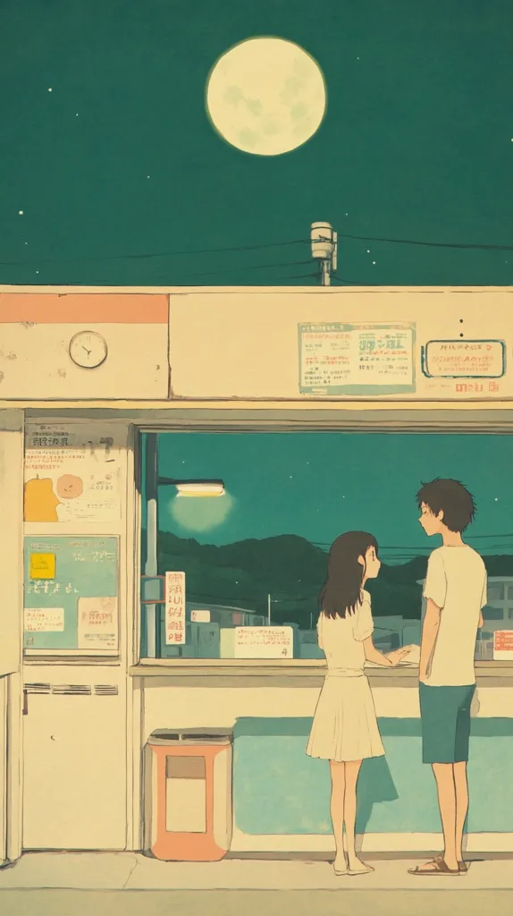 A young couple stands by a store window at night. The moon hangs high in the sky, casting a soft glow on the scene. The store is brightly lit and there are a few posters on the walls. The girl is wearing a white dress and the boy is wearing a white shirt and blue shorts. They are both looking at each other with a gentle smile.