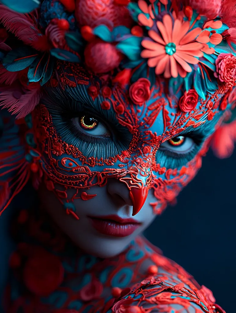 A close-up portrait of a woman with bright red lips and piercing eyes. She wears a red and blue mask with intricate floral details. The mask is adorned with flowers and feathers, giving it a dramatic and theatrical feel. The image is dark and mysterious, creating a sense of intrigue.