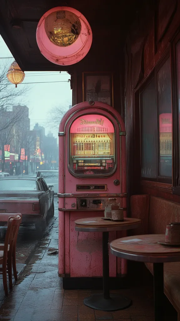 A pink retro jukebox sits inside a diner. The jukebox is illuminated and has a selection of records visible. The diner is empty except for two round tables and chairs. Outside, the city is wet and grey. The scene is captured with a warm and nostalgic tone.