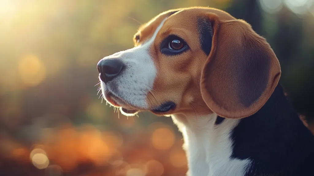 A beagle dog with brown, white, and black fur stands in a forest with a blurred background. It has big brown eyes, a long snout, and floppy ears. The sun is shining from behind the dog, creating a warm, golden glow around its head. The dog looks attentively to the side, seemingly focused on something beyond the frame.