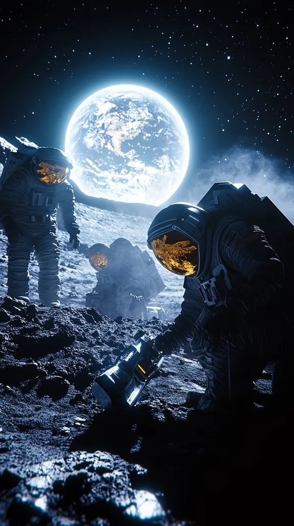 Three astronauts explore a desolate, rocky lunar surface. They are bathed in the light of a large, bright moon, with the Earth visible in the distance. One astronaut, wearing a dark suit with a yellow visor, crouches on the ground, seemingly examining something. The other two astronauts stand upright, one with his back to the viewer and the other facing away. The scene evokes a sense of solitude and exploration.