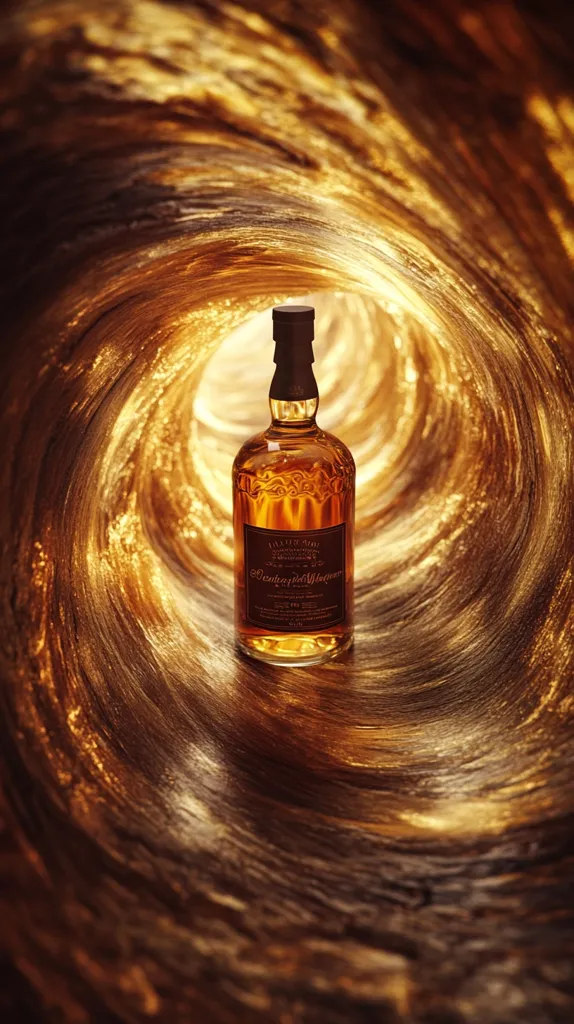 A bottle of amber-colored liquor sits in the center of a swirling golden, wooden vortex. The bottle is labeled with an elegant font and a gold seal, highlighting its quality. The background is a warm, inviting texture, inviting the viewer to explore the depths of the scene. The image has a sense of mystery and elegance, perhaps suggesting a hidden treasure or a secret waiting to be discovered.