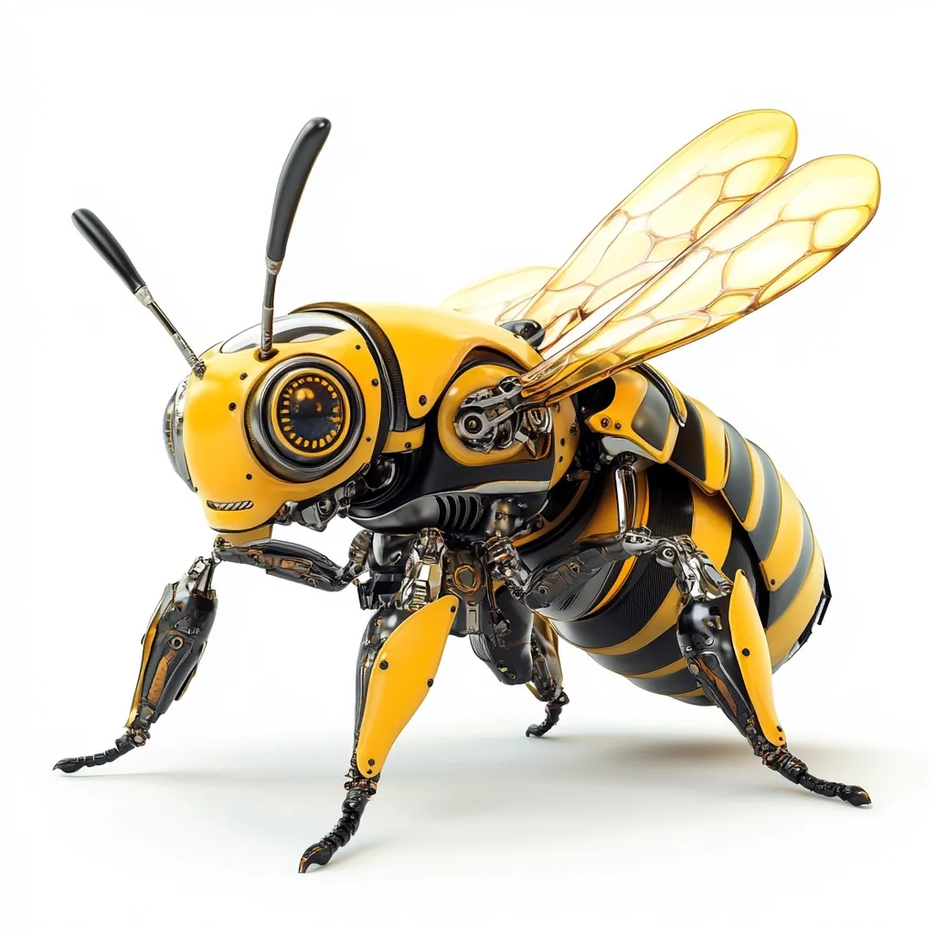 A mechanical bee is shown in a white background. It is made up of metal and yellow and black striped parts. It has two large wings and six legs. The bee has a robotic eye on its head and is looking at the viewer. The bee has visible gears and other mechanical components, suggesting it is a robot. It is a realistic and detailed depiction of a robotic bee.