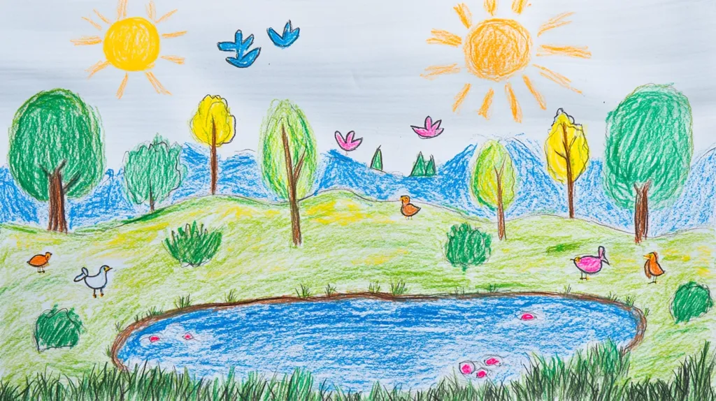 A child's drawing of a sunny day in a park. The sun is shining brightly, and there are trees, a pond, and birds. The sky is blue, and the grass is green. There are also some pink flowers in the drawing. It is a simple drawing, but it is full of color and life.