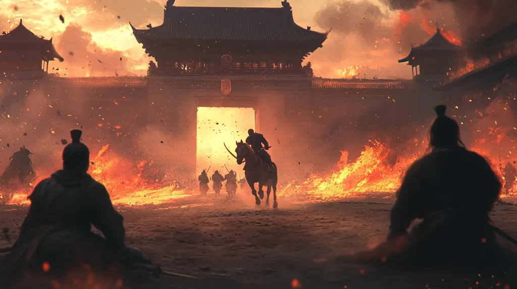 A lone figure sits with their back turned towards a burning cityscape. A warrior on horseback leads a group of soldiers through a gate, riding towards the viewer. The scene is lit by the orange glow of flames, with smoke and debris filling the air. The image evokes a sense of war and chaos.