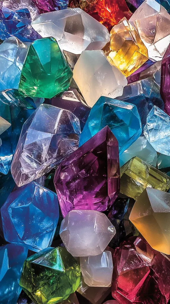 A collection of colorful, faceted crystals, reminiscent of gemstones, are piled on top of one another. The crystals are arranged in a seemingly random order, creating a visually appealing and textured composition. They exhibit a range of hues, including shades of blue, green, purple, pink, and yellow, showcasing the beauty and brilliance of these natural formations. The image captures a sense of both order and chaos, as the crystals seem to both harmonize and clash in their diverse colors and shapes.