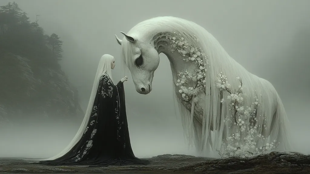 A woman in a flowing black gown with long white hair stands in a misty landscape. She faces a magnificent white horse whose mane and coat are adorned with delicate white blossoms. The horse's eye is large and dark, reflecting the mysterious ambiance. The scene evokes a sense of mystical enchantment and a deep connection between the woman and the horse.