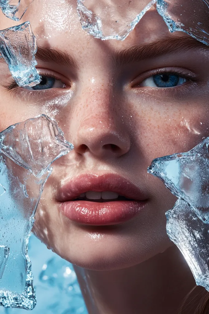 A close-up of a woman's face, partially obscured by shards of ice. Her skin is glistening, and her lips are full and pink. The ice is translucent and reflects the light, creating a cool and ethereal effect. The image suggests a sense of vulnerability and beauty.