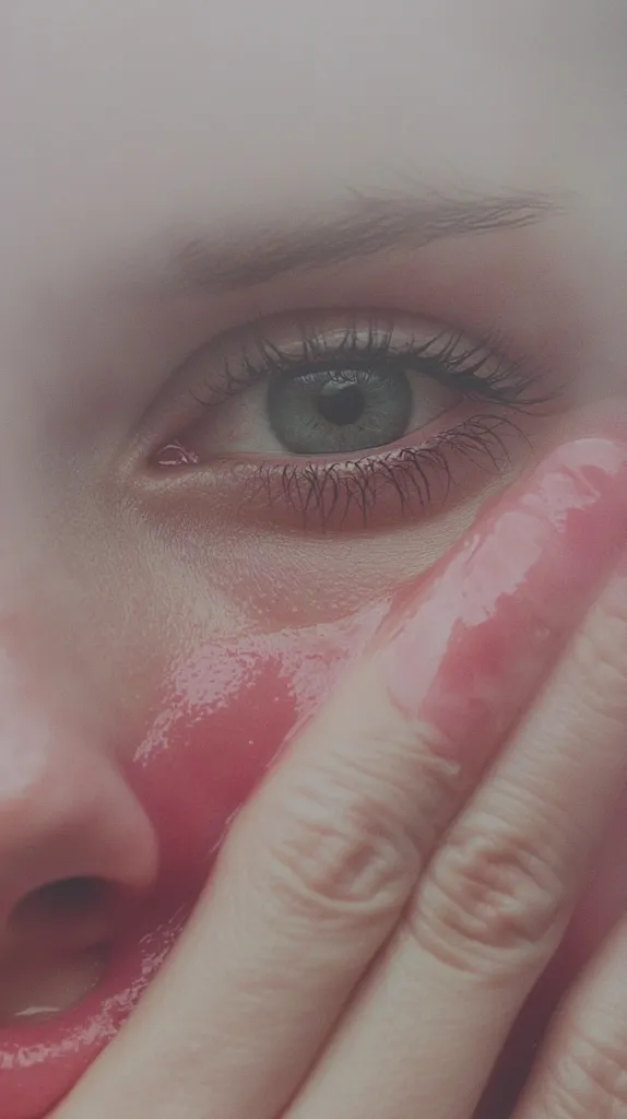 A close-up of a woman's face, her eye is partially visible, and her skin is covered in a shiny pink substance. She is touching her cheek with her finger. The image is soft and blurred, giving it a dreamy aesthetic.