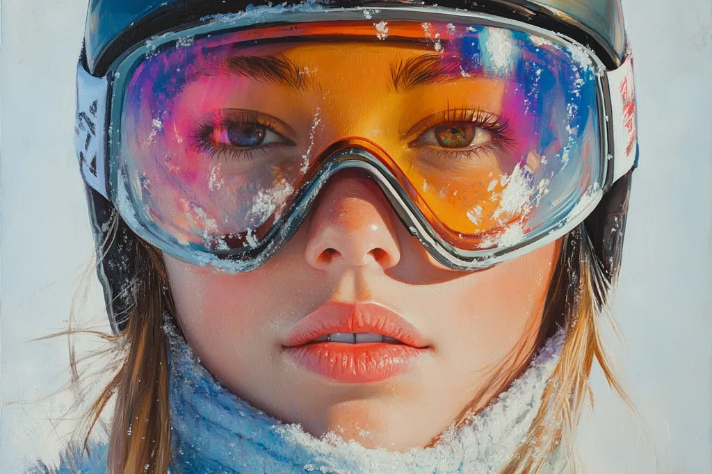 A woman wearing a ski helmet with goggles and a blue scarf. The goggles are covered in snow and reflect the bright sunlight. Her lips are slightly parted, and she looks straight ahead. The image is a portrait, focusing on her face. The background is white, suggesting snow. The painting style is realistic, with visible brushstrokes.