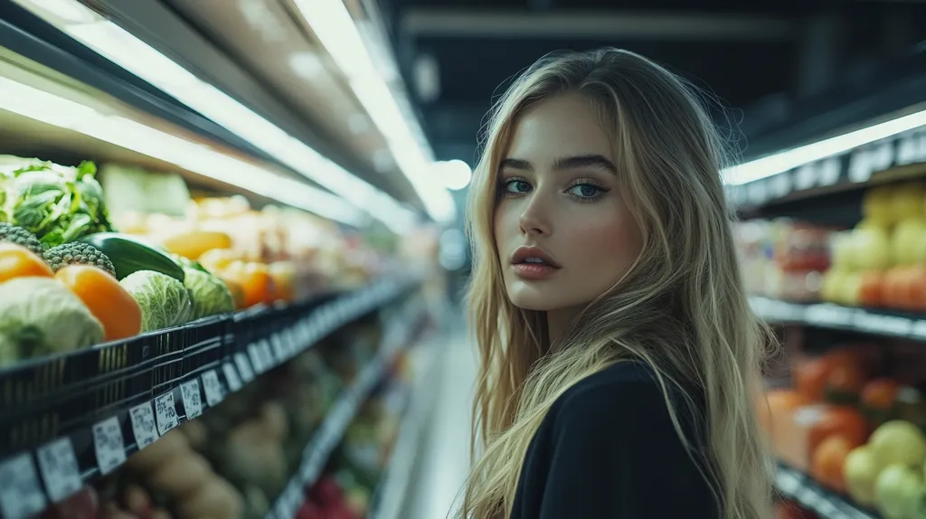 A young woman with long blonde hair, wearing a black jacket, stands in a grocery store aisle. She looks directly at the camera, her expression serious. The aisle is filled with fresh produce, including green leafy vegetables and orange fruits. The lighting is soft and slightly dimmed, creating a moody atmosphere. The image captures a sense of quiet contemplation in the midst of everyday activity.