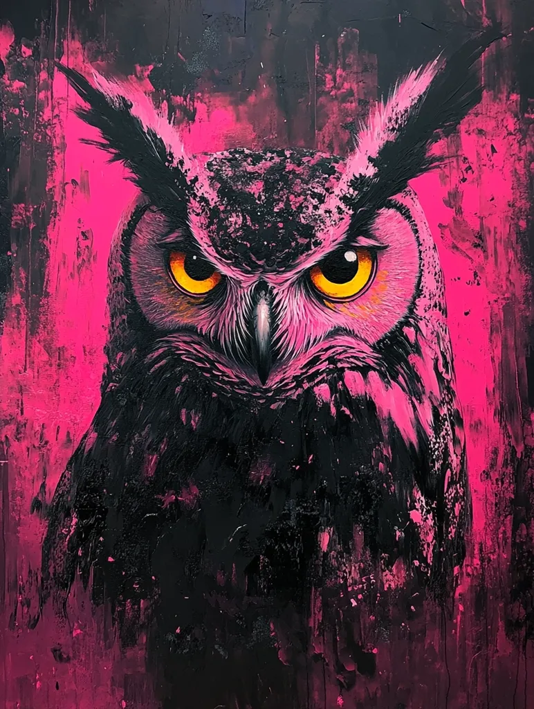 The image is a close-up painting of an owl's face. The owl is depicted in a dark, almost black color, with a bright pink background. The owl's eyes are large and yellow, staring intensely at the viewer. The painting is done in a stylized, almost abstract manner, with bold strokes and a sense of energy. It evokes a sense of mystery and power.
