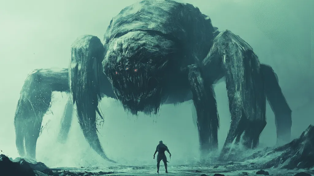 A monstrous, spindly creature with glowing red eyes looms over a small, lone figure. The creature has a large, gaping maw and is covered in rough, textured skin. The figure is silhouetted against the monster, their silhouette appearing small and insignificant. The background is a blurry, hazy green, adding to the sense of dread and vastness.