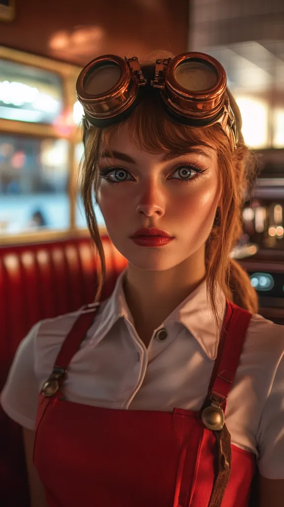 A young woman with long, auburn hair wears a white button-down shirt and a red overall. She has on a pair of steampunk-style goggles over her long, straight bangs.  Her gaze is direct, and she has a serious expression.  The background appears to be a train, with red booths and windows.  The warm lighting highlights her face and gives the image a vintage feel.