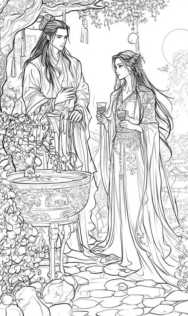 The image depicts a black and white drawing of a man and a woman standing in a garden. The man is wearing a long robe and has long hair. He is holding a cup in his left hand. The woman is also wearing a long robe and has long hair. She is holding a cup in her right hand. They are standing near a large pot, and there are flowers and other plants around them. The background features a large tree with branches reaching to the sky and some distant houses.