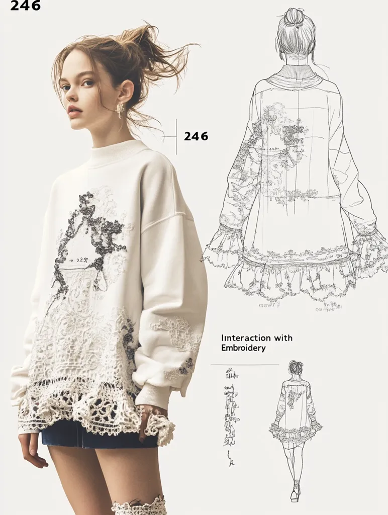 The image is a fashion design sketch for a white sweatshirt with intricate lace detailing on the sleeves and bottom hem. The sketch shows the front and back views of the garment. The model is wearing a white sweatshirt, blue denim skirt, and has her hair pulled up. The text "Interaction with Embroidery" is written below the sketch.