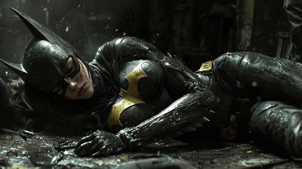 Batgirl lies unconscious on a wet, dark street. Her black and gold costume is covered in rain, and she has blood on her face. The image is dramatic and suggestive of a battle. The background is out of focus, emphasizing the figure of Batgirl in the foreground.  The image is gritty and realistic, and it evokes a sense of danger and urgency.