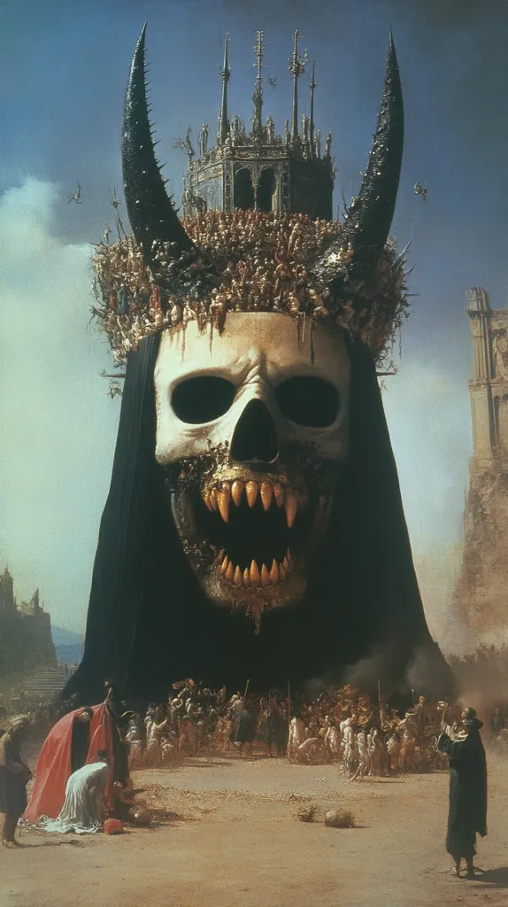 A giant, skeletal skull, wearing a black cloak and a crown of people, looms over a crowd of people. The skull's mouth is open in a silent scream, revealing sharp teeth. The background features a gothic castle and a sky with swirling clouds. The image evokes a sense of foreboding and power.