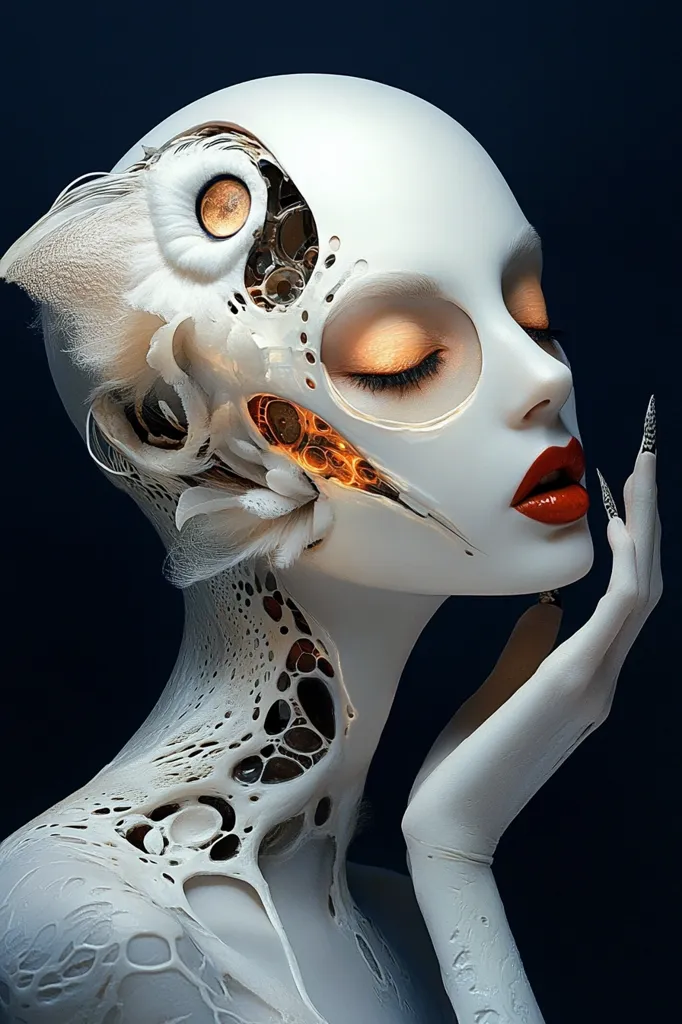 The image depicts a woman with a white, intricate, and almost skeletal-looking face. Her skin is translucent and her eyes are closed. A feather-like design is on her head, and a mechanical-looking piece is embedded on her face, with glowing orange details. Her lips are a striking red, and her hand rests delicately on her cheek. The background is a deep blue, contrasting with her pale skin. The overall aesthetic is otherworldly and ethereal, suggesting a blend of beauty and machinery.