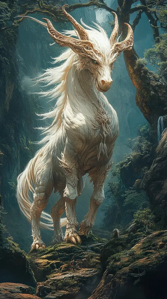 A majestic, white, mythical creature with large horns stands on rocky terrain in a lush forest. Its long, flowing mane and tail add to its ethereal presence. The creature's powerful legs and sharp claws suggest its strength and ferocity, while its gentle eyes hint at a wise and benevolent nature.  The surrounding foliage and cascading waterfall create a serene and magical ambiance.