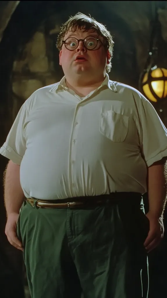 A man with round glasses and a white button-down shirt stands in a dimly lit room. He is wearing green pants and a brown belt. He is looking at something off-screen with a surprised expression on his face. The room has a dark, almost foreboding atmosphere.  The man seems to be caught in a moment of unexpected surprise.