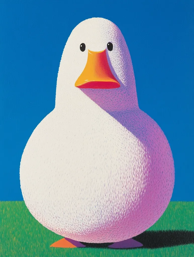 A large, white duck with an orange beak stands against a bright blue sky and a green grassy ground. The duck has a round, almost cartoonish body and small, black eyes. The painting is simple and whimsical, with a focus on the duck's features and the contrasting colors of the background. The artist uses stippling to create the duck's fuzzy texture, adding a playful element to the piece.