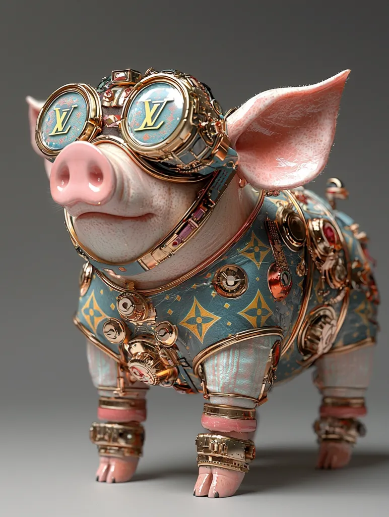A pink pig with a whimsical, steampunk aesthetic. It wears a blue and gold outfit with a Louis Vuitton pattern,  goggles adorned with the LV monogram, and intricate gold and bronze gears and embellishments. The pig's playful expression adds a touch of charm to the intricate design.