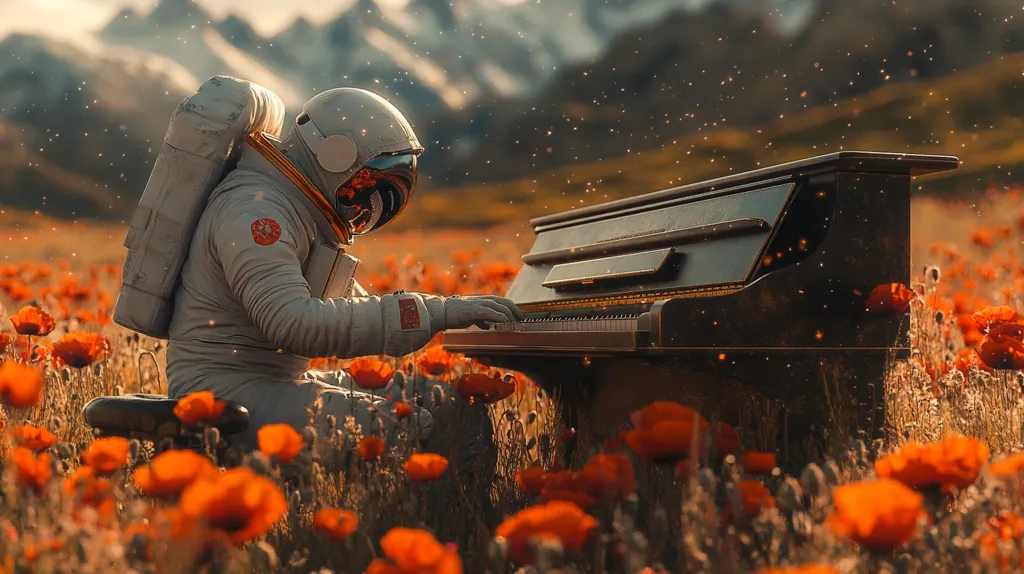 An astronaut, clad in a white spacesuit, sits at a grand piano in a field of vibrant orange poppies. Sunlight streams through the air, casting a warm glow on the scene. The astronaut's gloved hand rests on the piano keys, suggesting a moment of peaceful contemplation and musical expression amidst the vastness of space.  A sense of wonder and tranquility pervades the image, as the astronaut finds solace in the beauty of their surroundings.