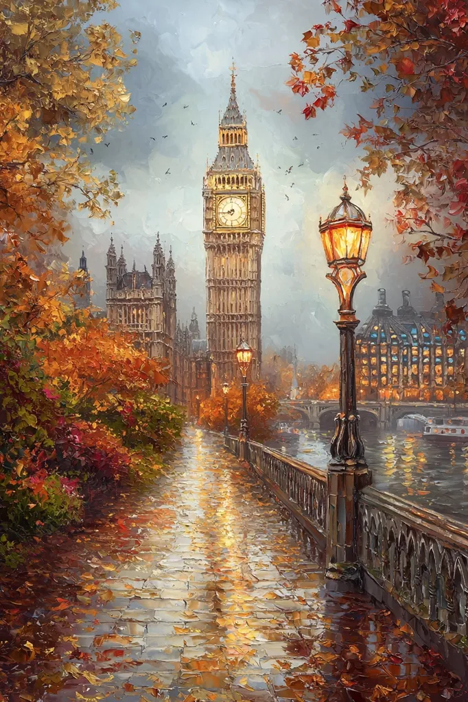 The image depicts a picturesque scene of Big Ben, the iconic clock tower of London, standing tall against a backdrop of autumn foliage.  A cobblestone pathway lined with trees in vibrant shades of red and yellow leads towards the tower.  The sun casts a warm glow on the scene, reflecting off the wet pavement and the river flowing in the background.  A single lamppost stands tall on the bridge, illuminating the path ahead. The overall effect is one of tranquility and beauty, capturing the essence of London in autumn.