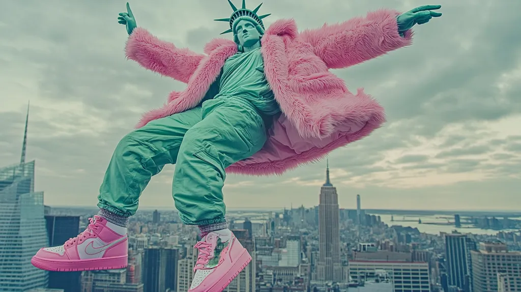 The Statue of Liberty, in a pink fur coat and sneakers, is floating in the air above the New York City skyline. The Statue of Liberty's face is visible, but it is obscured by the fur coat. The sky is cloudy and the city buildings are visible in the background. The image is playful and whimsical, making a statement about fashion and pop culture.