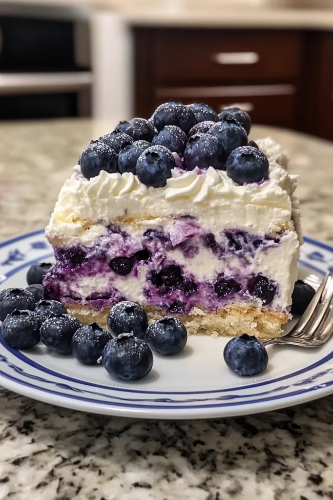 A slice of blueberry cheesecake sits on a white plate with a blue rim. The cheesecake is topped with whipped cream and blueberries, and the filling is a swirl of blueberry and cream cheese. There are additional blueberries scattered around the slice. A fork lays on the plate, and the background is blurred.  The colors are bright and inviting, suggesting a delicious treat.