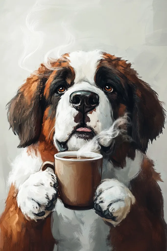 A Saint Bernard dog is holding a cup of steaming hot coffee with its paws. The dog is looking directly at the viewer with a happy expression. The dog is brown, white, and black with a large, droopy face. The painting is done in a realistic style with soft, muted colors.  The background is a plain, off-white.  It appears as though the dog is enjoying its morning coffee.