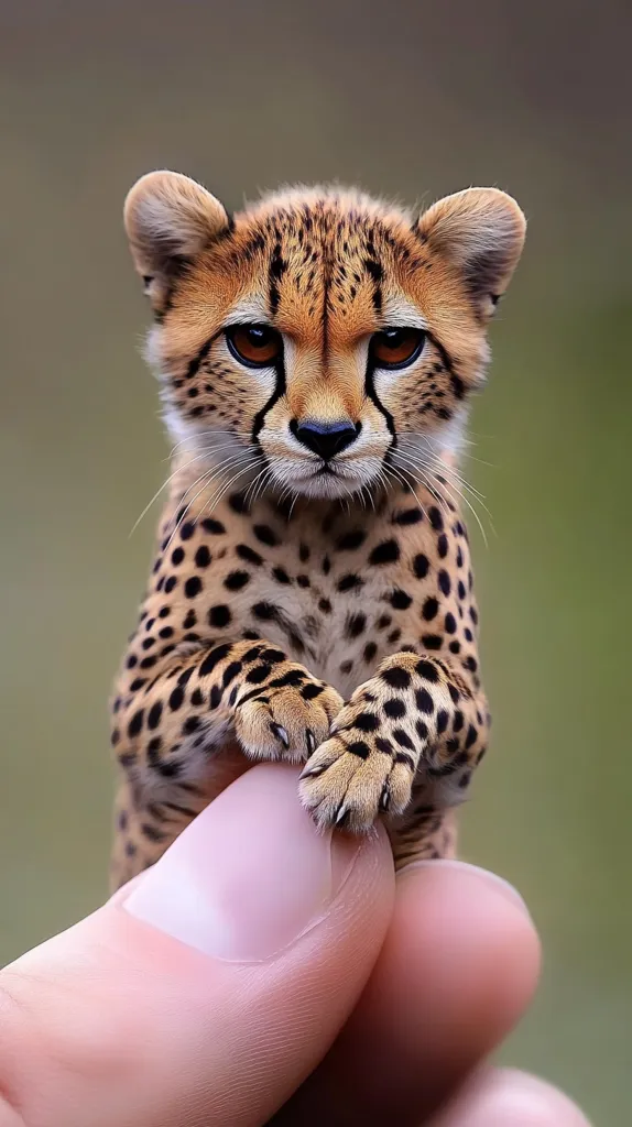 A small cheetah cub with black spots is being held by a human hand. The cub is looking directly at the camera with a serious expression, its paws resting on the fingers of the hand. The background is blurred, creating a soft focus that draws attention to the cub. The image captures the cub's wild beauty and vulnerable innocence.