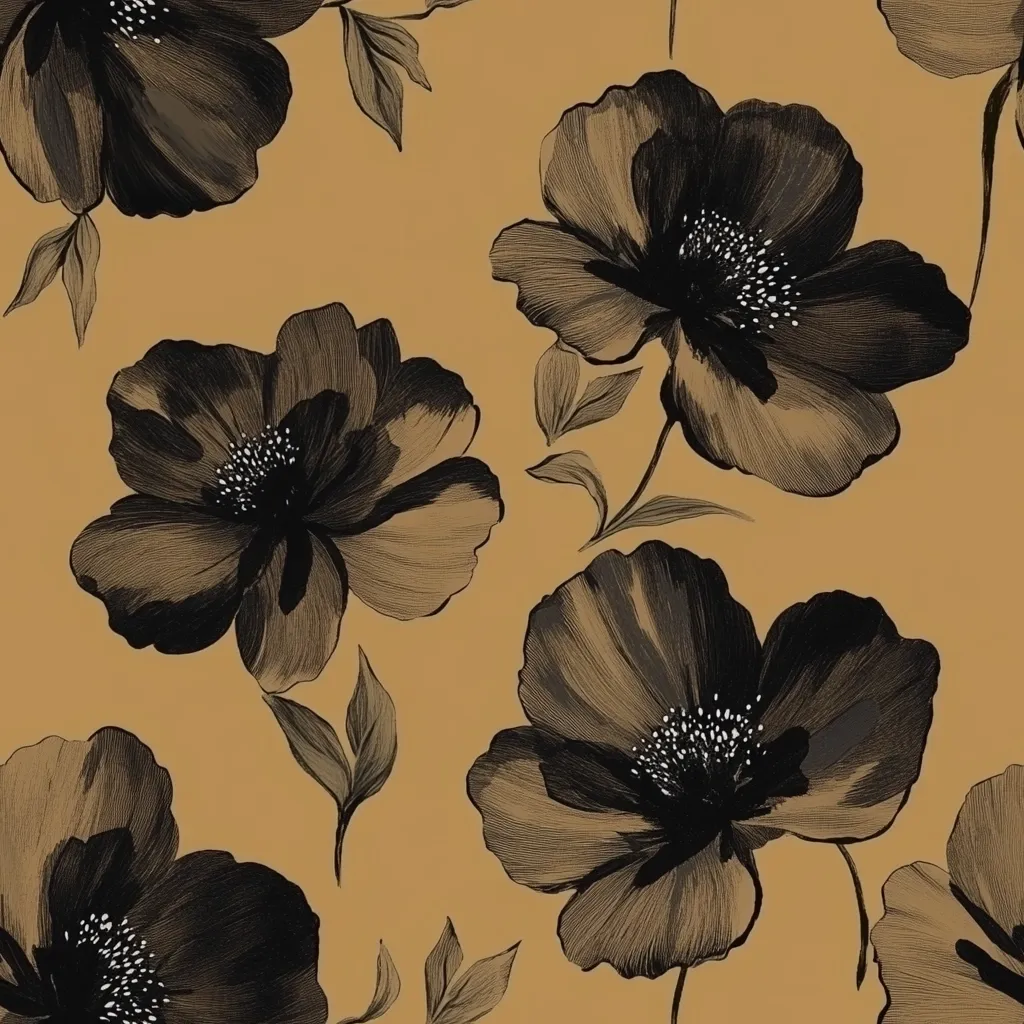 The image depicts a floral pattern with large, black flowers on a light brown background. The flowers have delicate, intricate details and are drawn in a stylized, almost painterly way. Small, dark leaves and stems create a subtle texture and add to the overall aesthetic. The design creates a sense of elegance and sophistication.