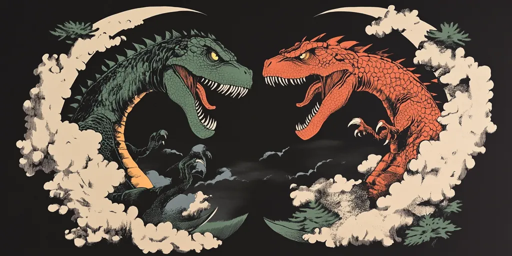 The image depicts two dinosaurs facing each other in a confrontation, with the left one being green and the right one being red. They are both posed in a dynamic stance, with their mouths open in a roar, seemingly about to clash. The background features abstract clouds and crescents, giving the scene a dramatic and dynamic feel.